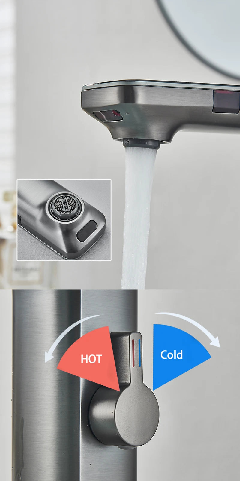 Gun Grey Smart Sensor Basin Faucet Digital Display