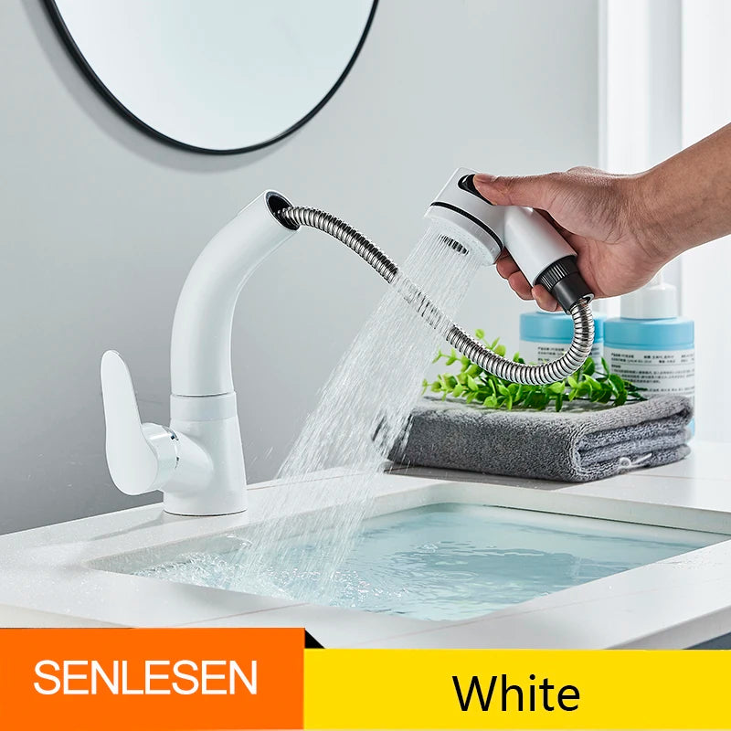 Bathroom Sink Faucet Pull Out Sprayer Deck Mounted