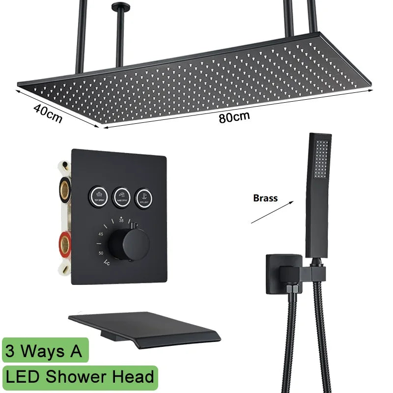 Shinesia Big Black Thermostatic Bathroom Shower Faucet Rainfall