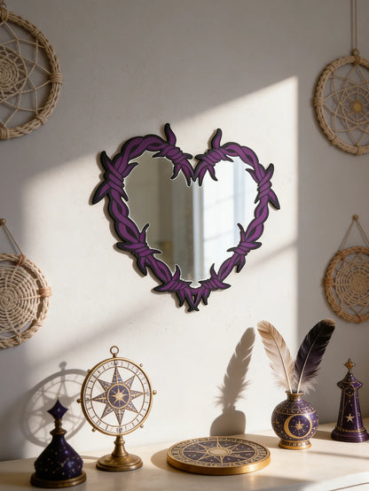 Purple Gothic Barbed Wire Heart Wall Mirror Witchy