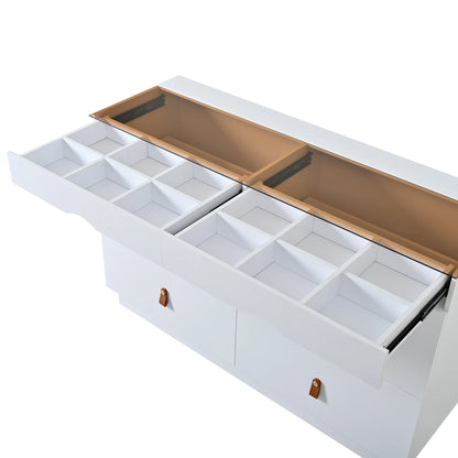 6-Drawer White Sliding Glass Sideboard Makeup Vanity Cabinet