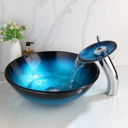 Zappo Tempered Glass Bathroom Vessel Sink Waterfall Black