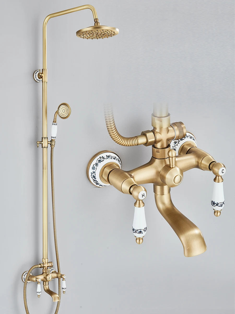 Retro Shower System Antique Brass Rainfall Shower Handheld