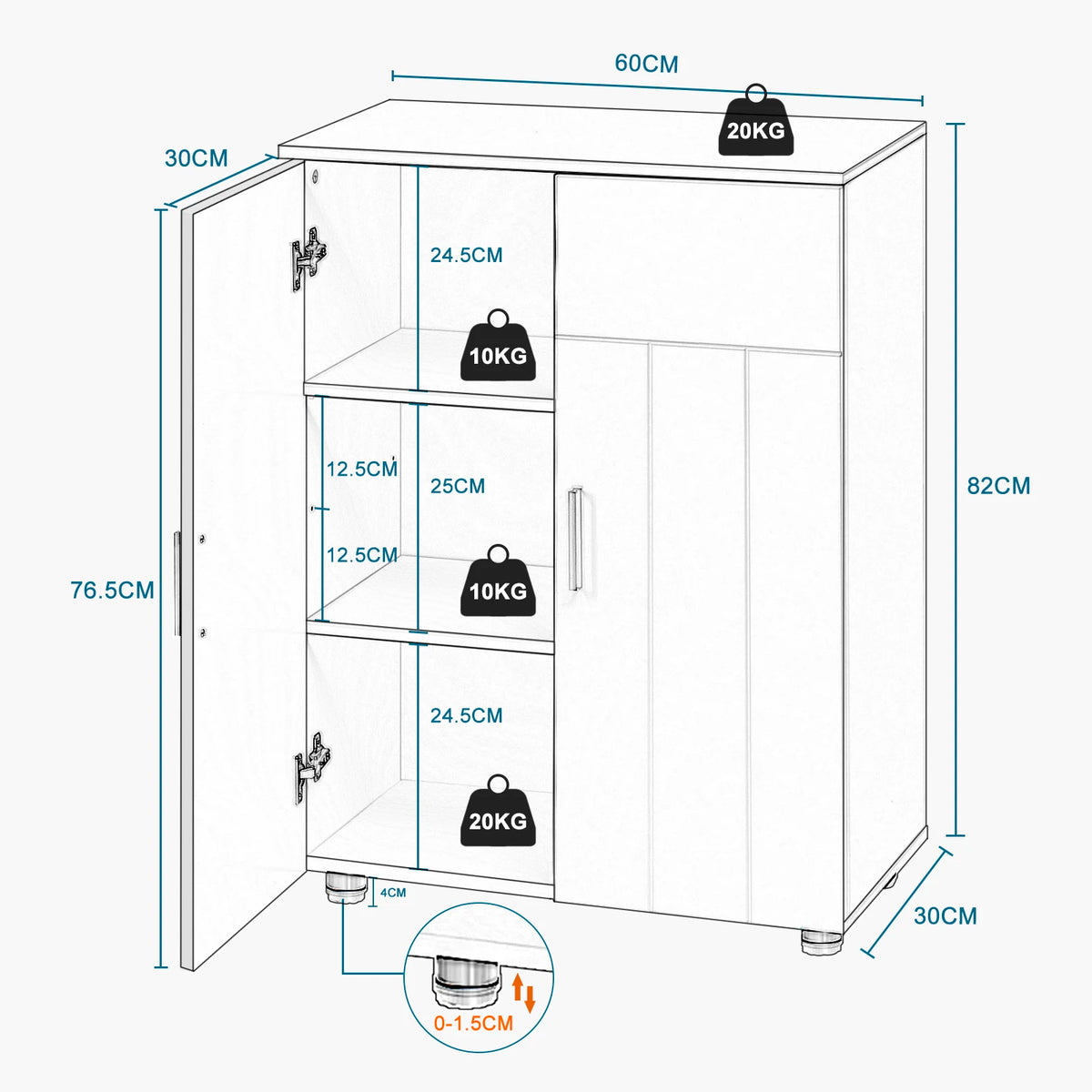 Eugad White Bathroom Cabinet Adjustable Shelves Doors