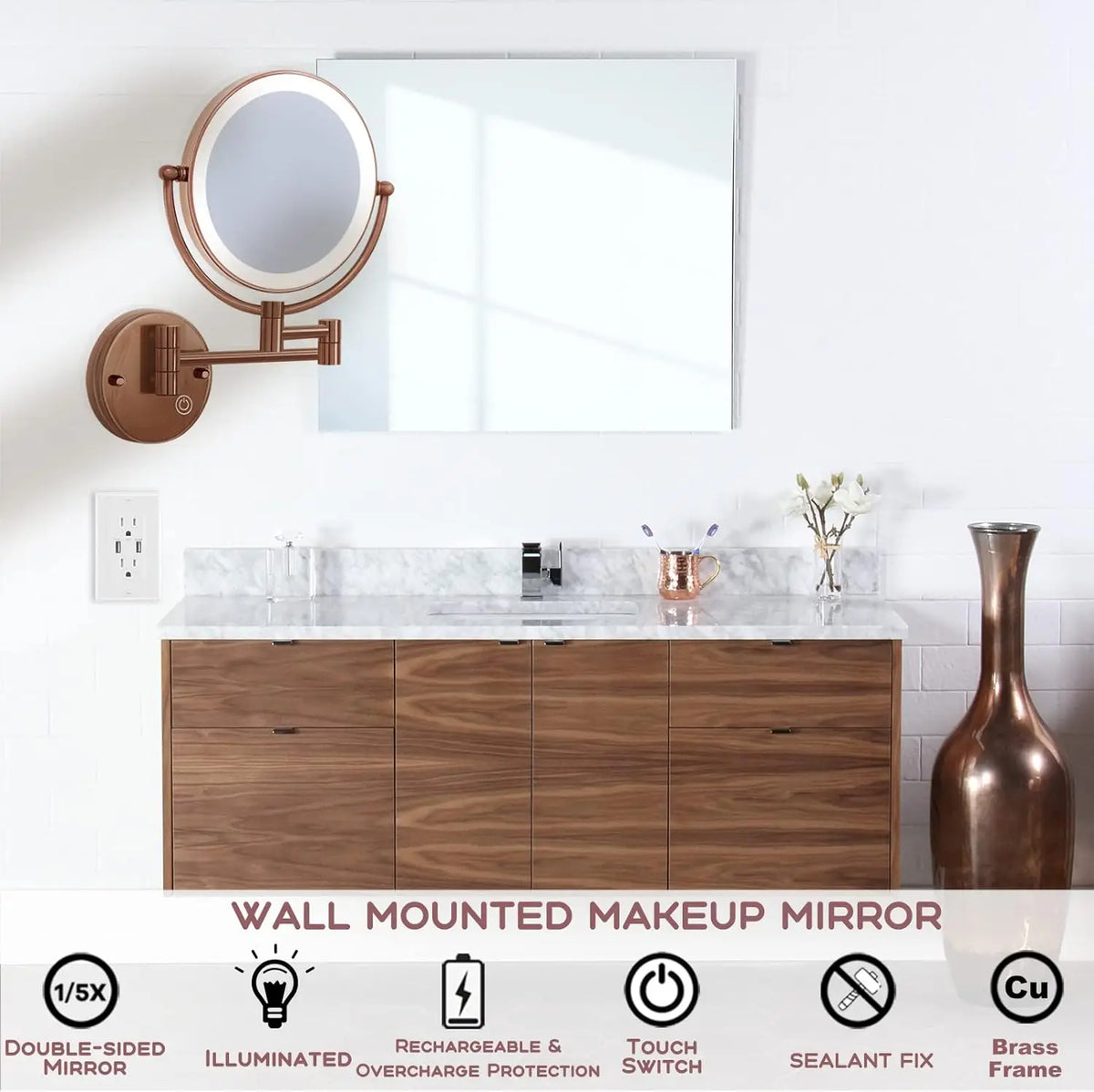 Rose Gold Touch On Led Folding Bathroom Mirror