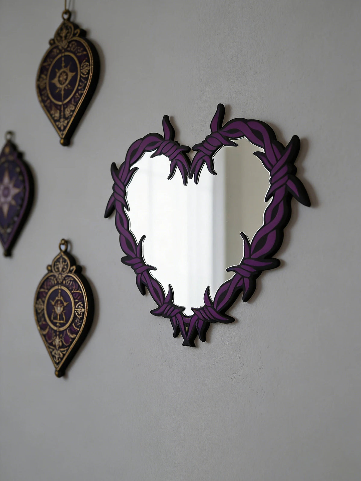 Purple Gothic Barbed Wire Heart Wall Mirror Witchy