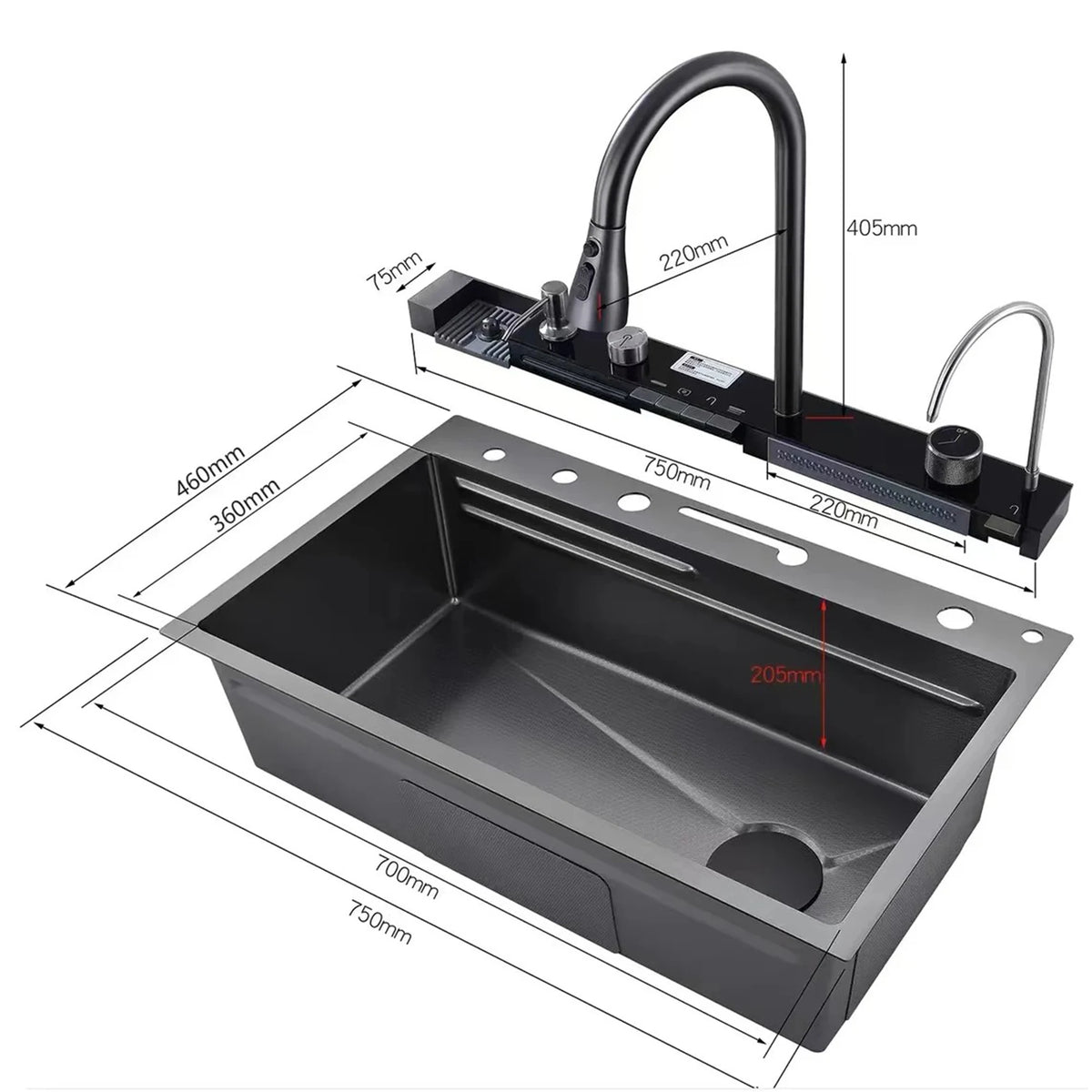Stainless Steel Sink Digital Display Waterfall Large Slot