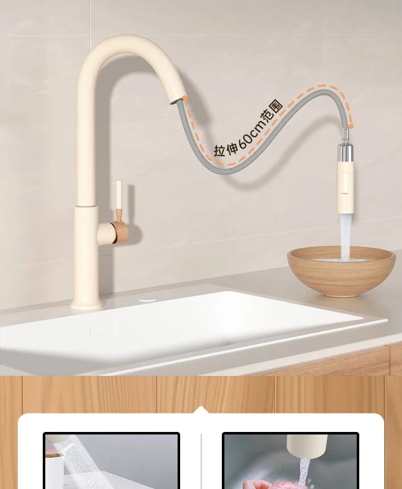 Cream Wooden Handle All Copper Faucet - Pull-Out