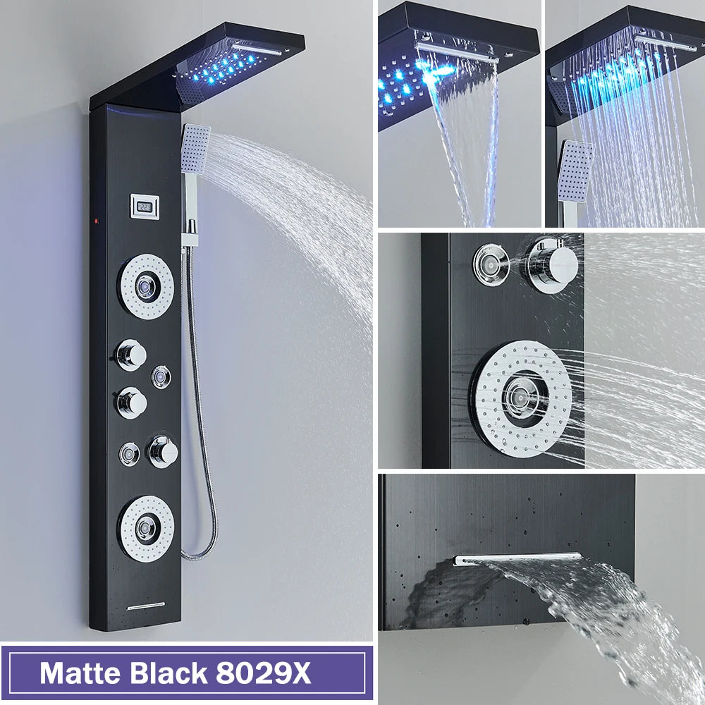Rozin Black Shower Column Led Rainfall Bathroom Faucet
