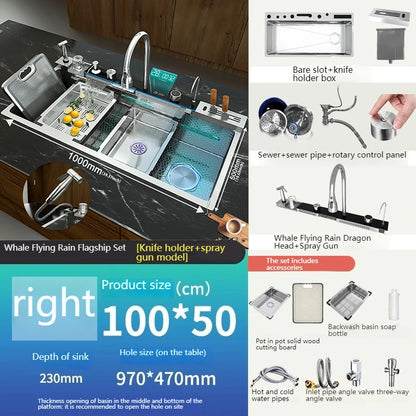 Stainless Steel Sink Digital Display Waterfall Large Slot