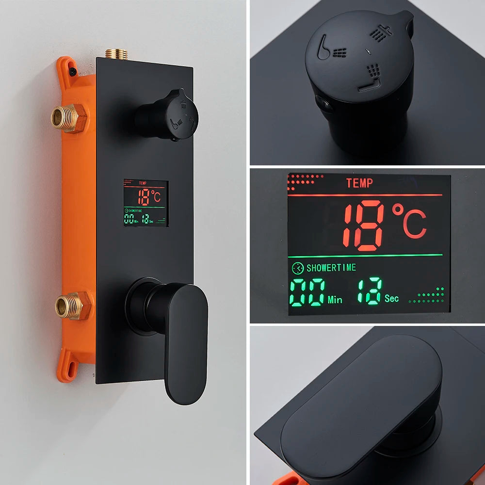 Black Bathroom Thermostatic Faucet Rainfall Waterfall Shower