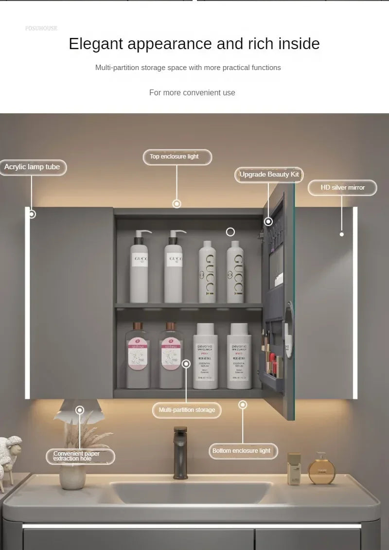 Modern Solid Wood Smart Bathroom Mirror Cabinet Light