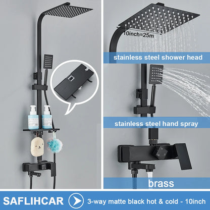 Black/Chrome Brass Shower Faucets Rainfall Shower Shelf Cold