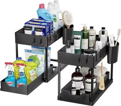 Tier Under Sink Organizer Sliding Storage Rack Hooks