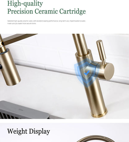 Brushed Gold Faucets Handle Pull Out Mixer Cold