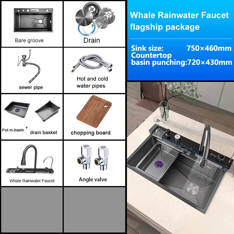 Stainless Steel Waterfall Sink Digital Display Large Slot