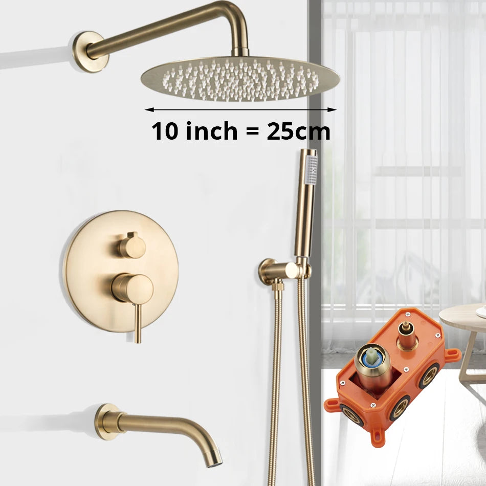 Brushed Gold Shower Faucet Wall Mount Big Rainfall