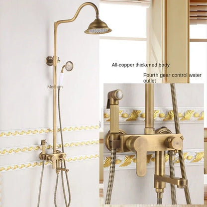 Antique Brass Shower Faucet 8-Inch Rainfall Dual Handle