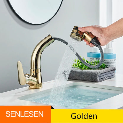 Bathroom Sink Faucet Pull Out Sprayer Deck Mounted