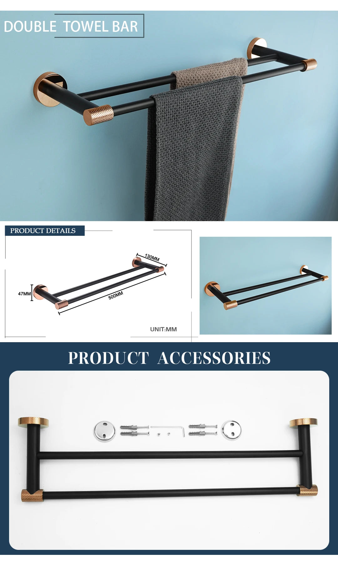 Rose Gold &Black Wall Mount Shelf Toilet Bath
