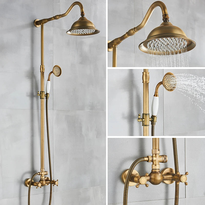 Quyanre Antique Brass Shower Faucets Wall Mount Rainfall