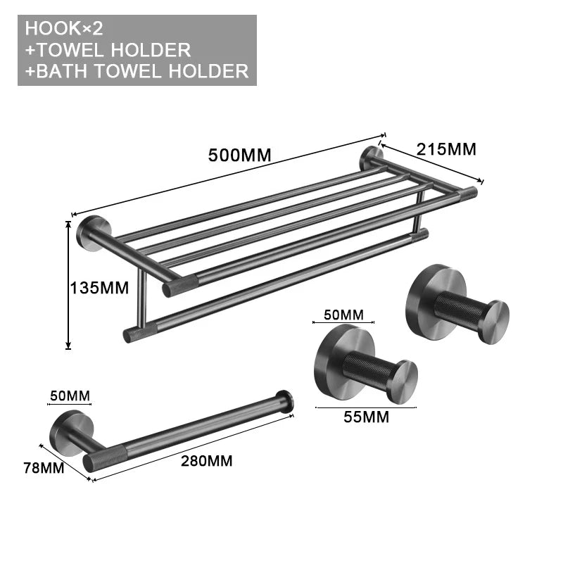 Grey Bathroom Hardware Kit Stainless Steel Round Wall