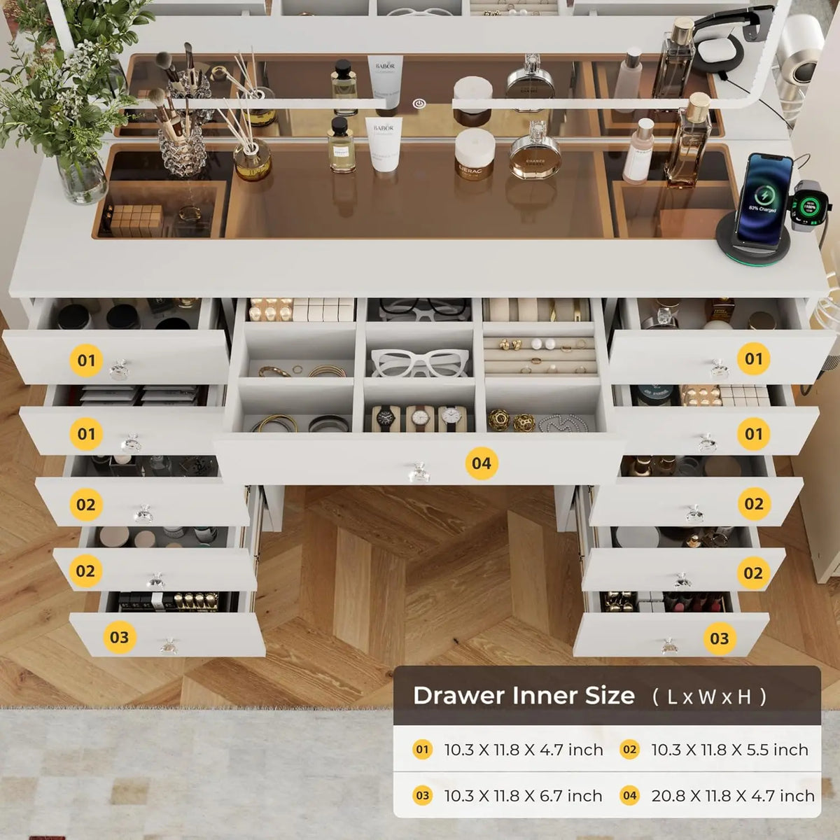 White Vanity Desk Mirror & Led Lights Modes