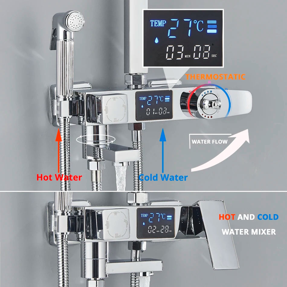 Bath Thermostatic Digital Display Shower Faucet Rain Shower