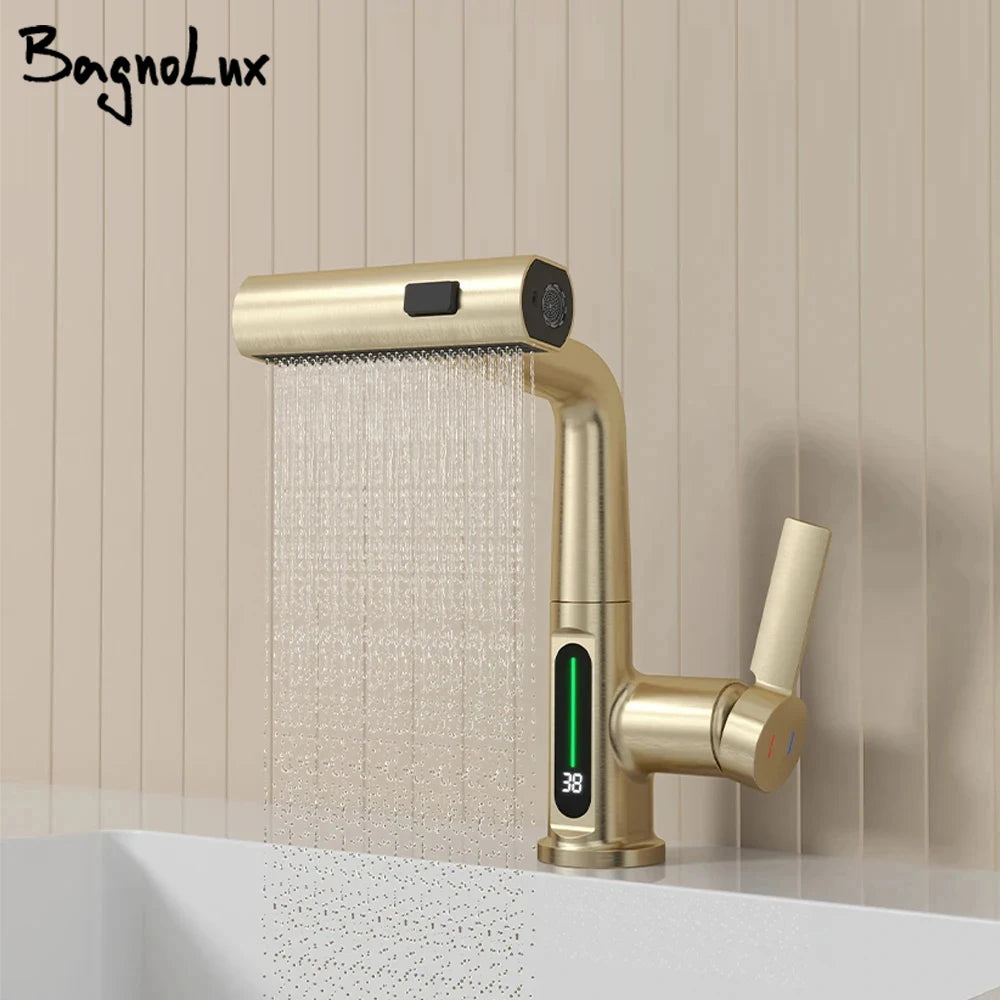 Brushed Gold Basin Faucet Lifting Pull Down Digital