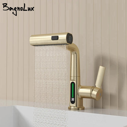 Brushed Gold Basin Faucet Lifting Pull Down Digital