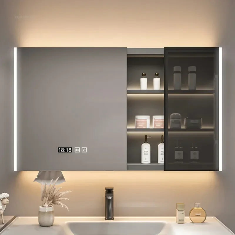 Modern Solid Wood Smart Bathroom Mirror Cabinet Light