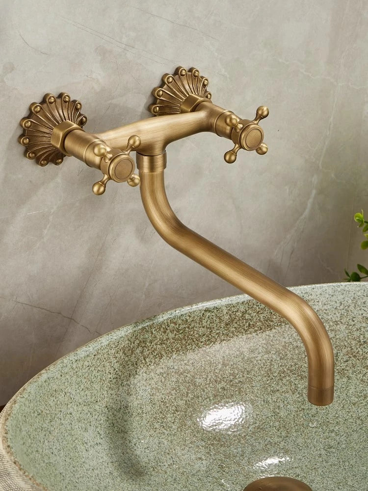 Brass Antique Wall Mounted Washbasin Faucets Double Handle