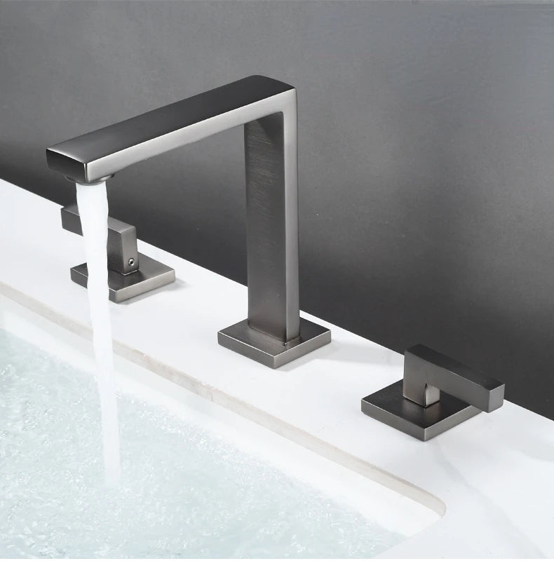 Brushed Gold Basin Faucet Solid Brass Three Hole
