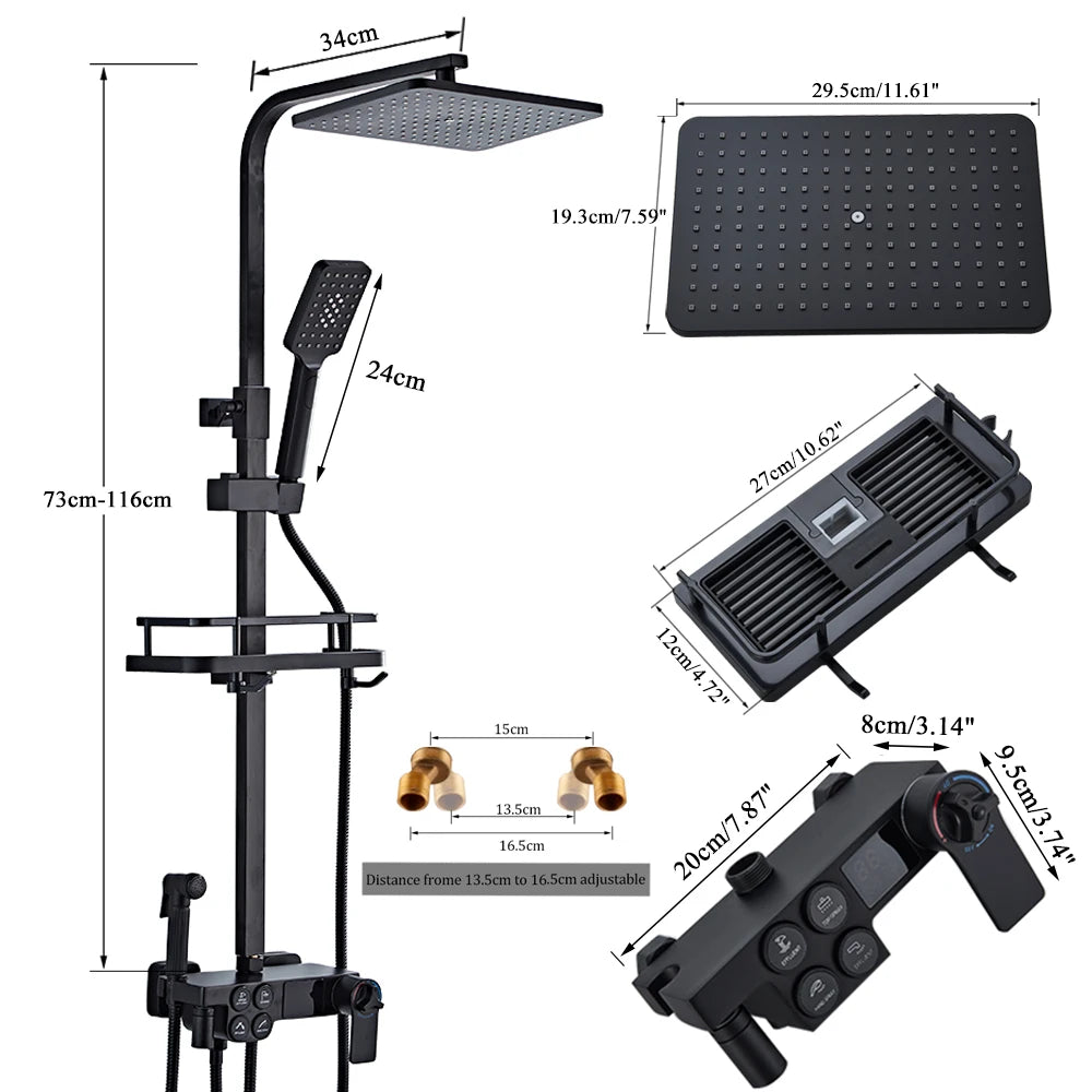Black Thermostatic Lcd Shower Faucet Temperature Display Rainfall