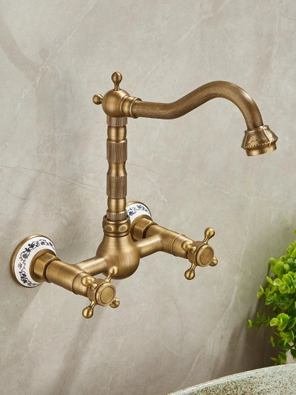 Brass Antique Wall Mounted Washbasin Faucets Double Handle