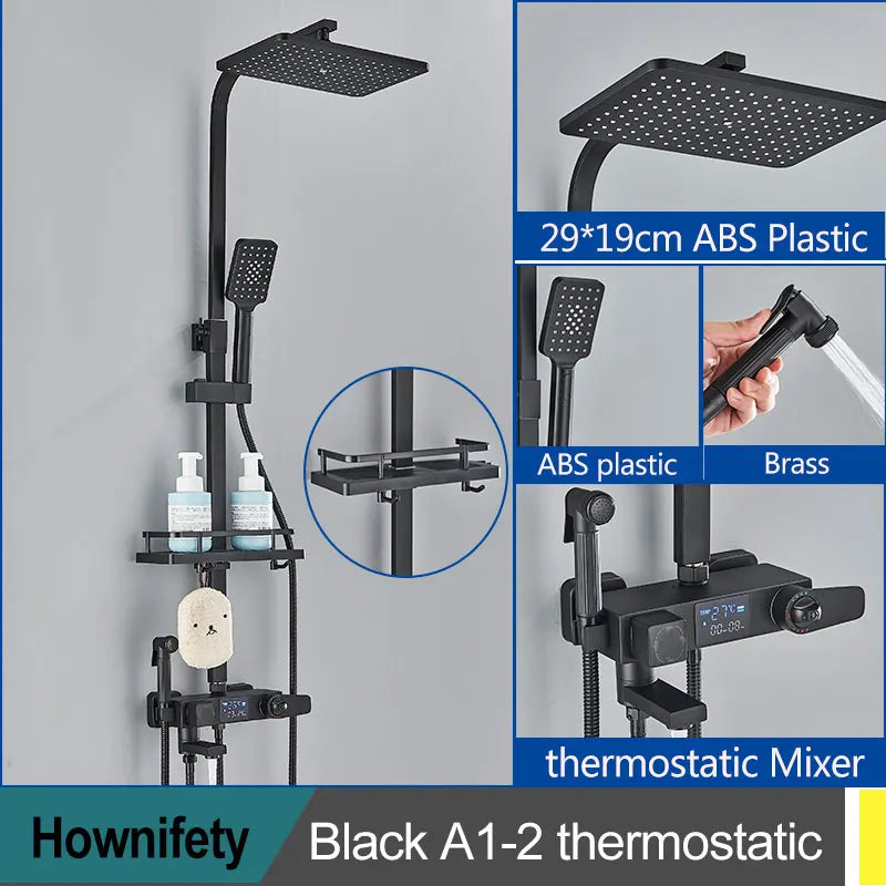 Black Thermostatic Shower Faucets Digital Display Screen Cold
