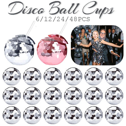 6-48pcs Disco Ball Cups Lids Staws Disco 70s