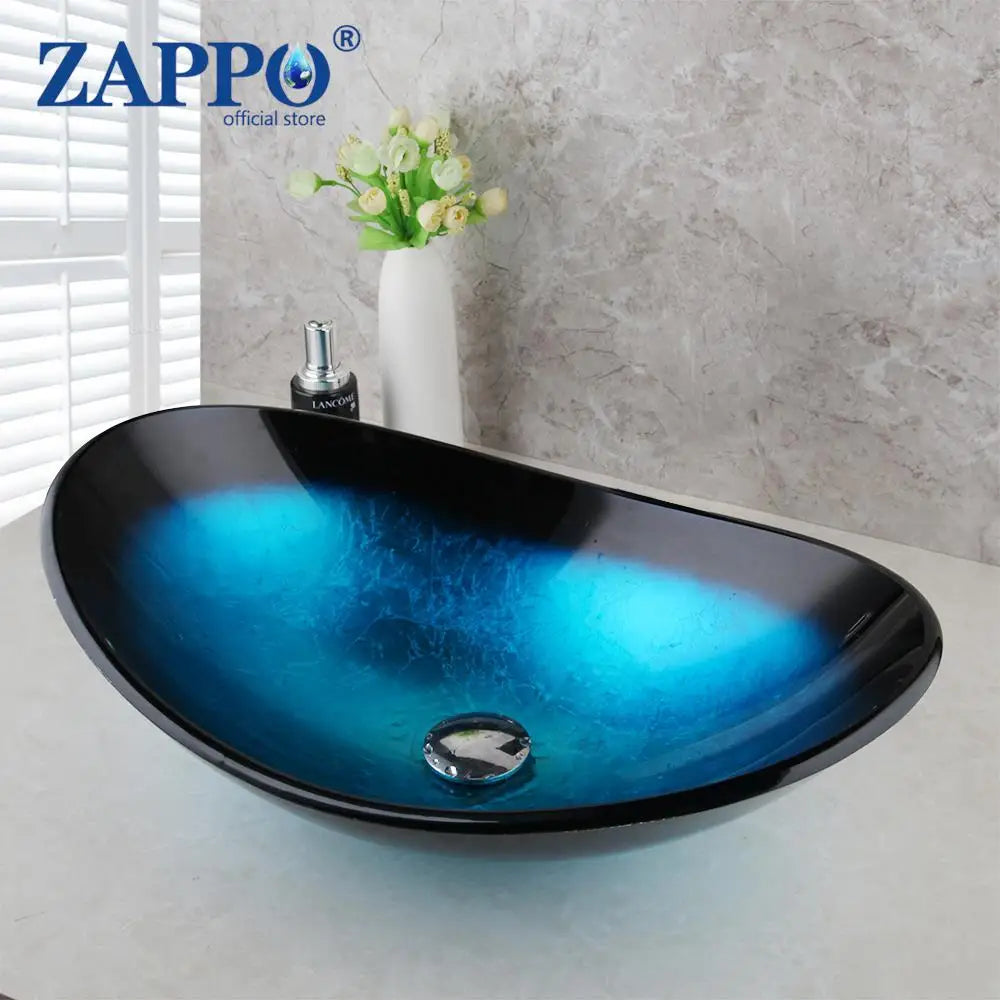 Zappo Tempered Glass Bathroom Vessel Sink Waterfall Black