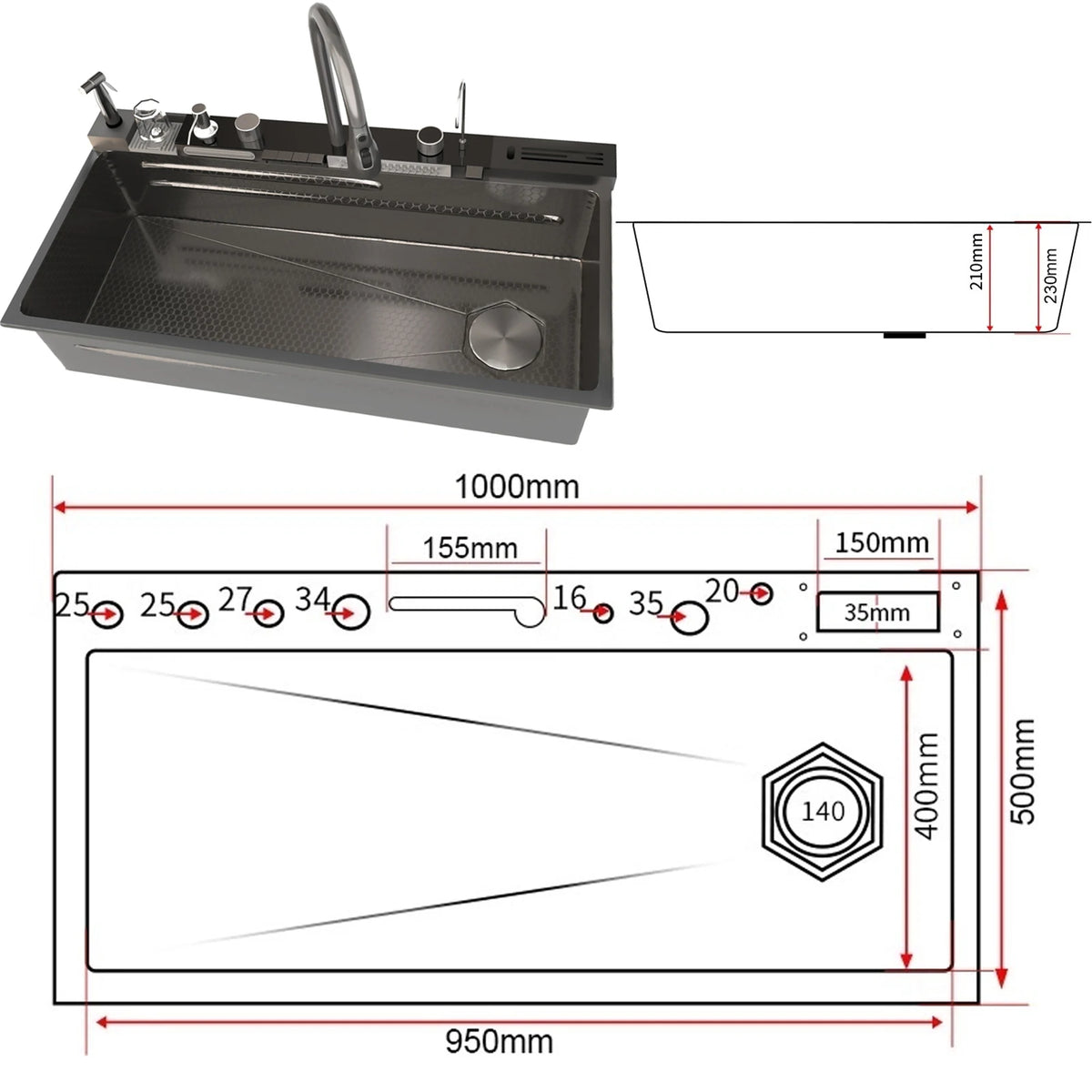 Stainless Steel Sink Digital Display Waterfall Large Slot
