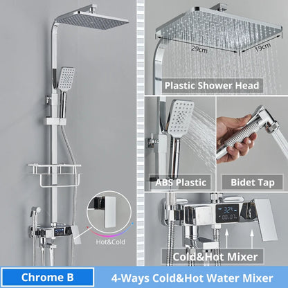 Bath Thermostatic Digital Display Shower Faucet Rain Shower