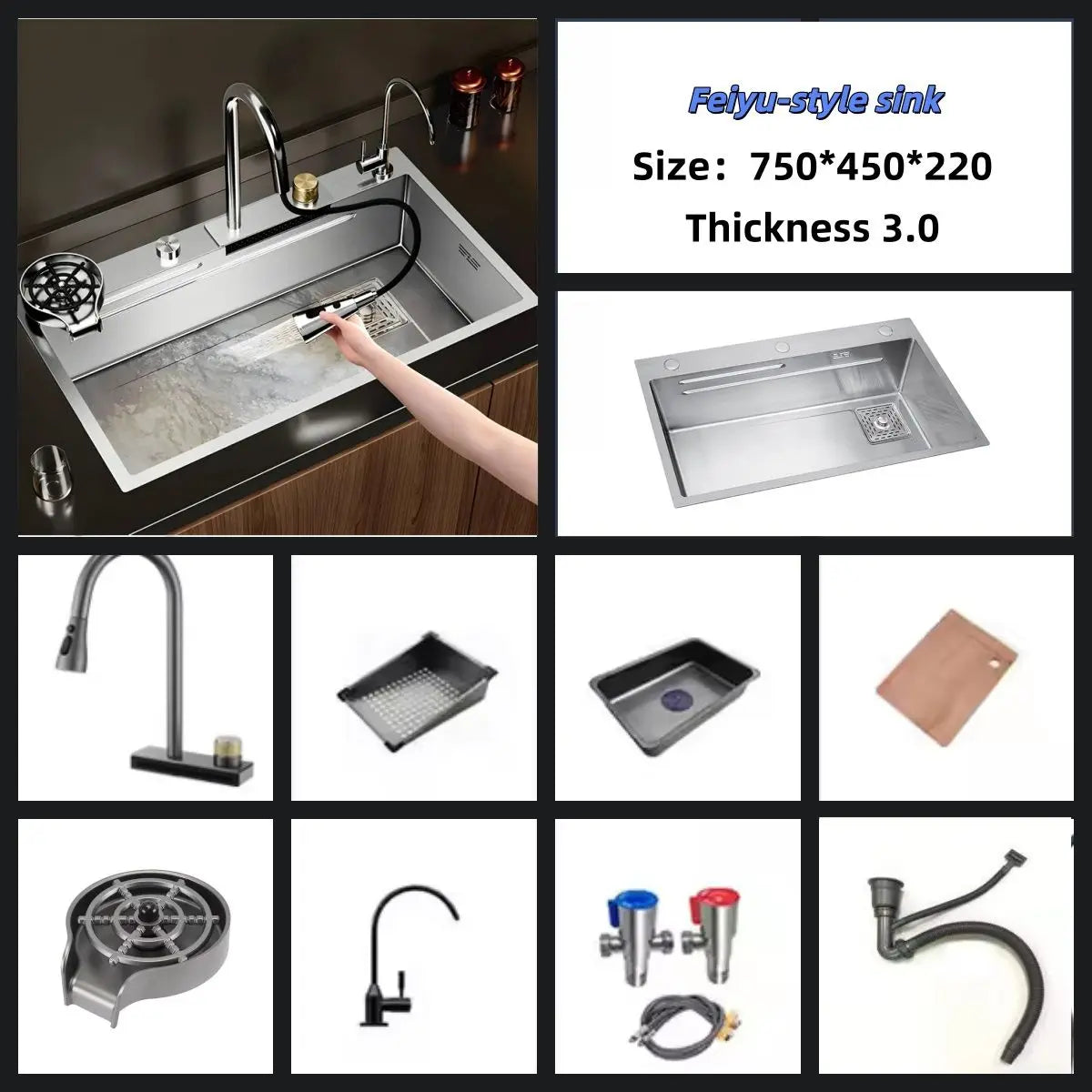 Stainless Steel Sink Waterfall-Style Pull-Out Faucet Large