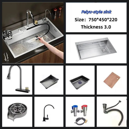 Stainless Steel Sink Waterfall-Style Pull-Out Faucet Large
