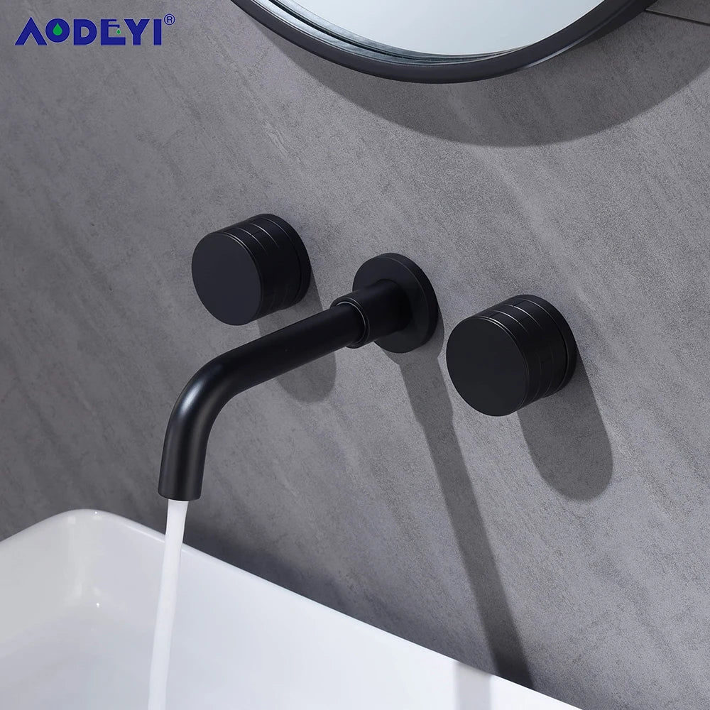 Black Bathroom Faucet Brass Double Lever Wall Mounted