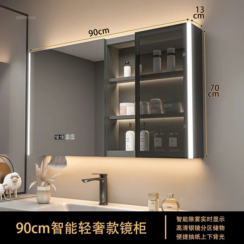 Modern Solid Wood Smart Bathroom Mirror Cabinet Light