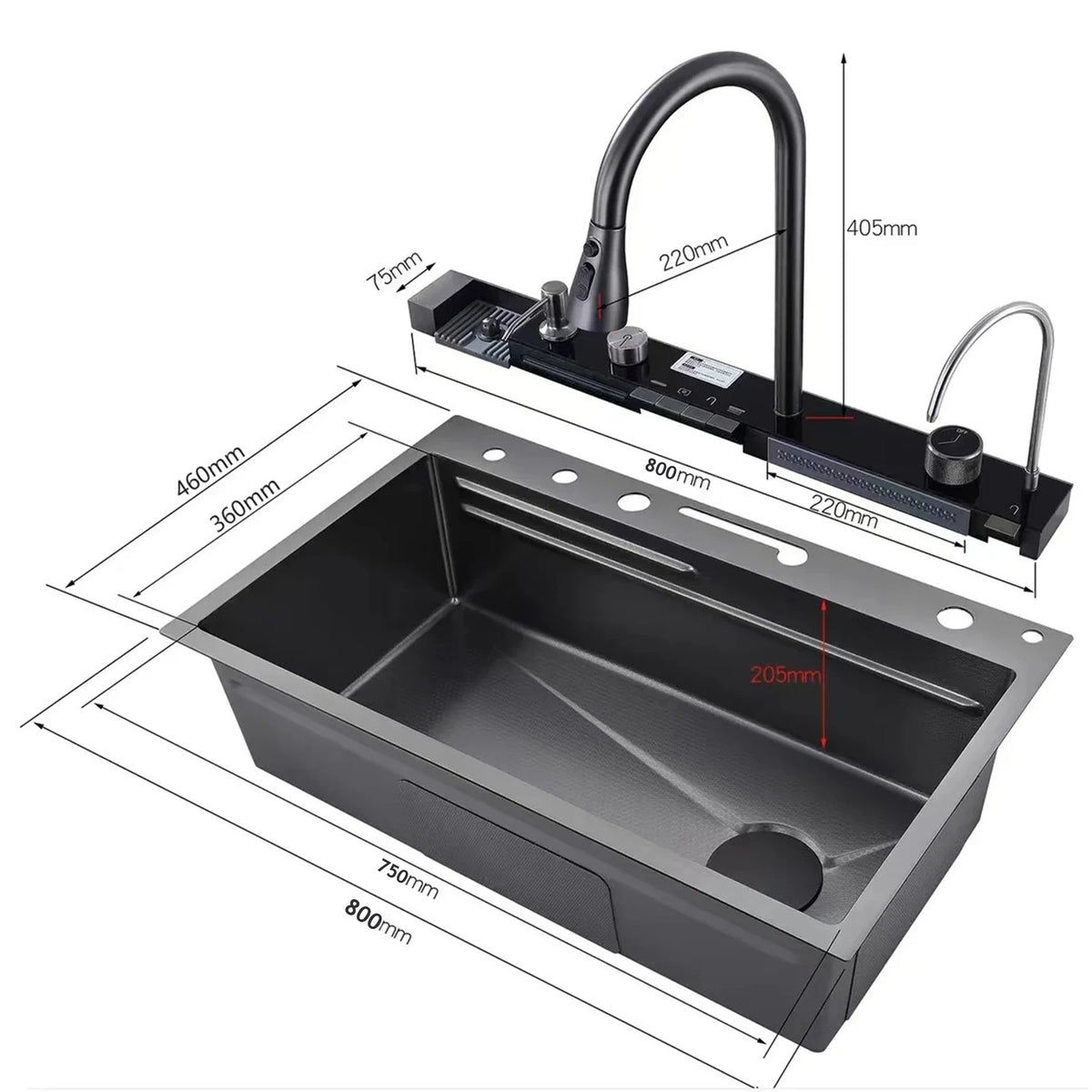 Stainless Steel Sink Digital Display Waterfall Large Slot