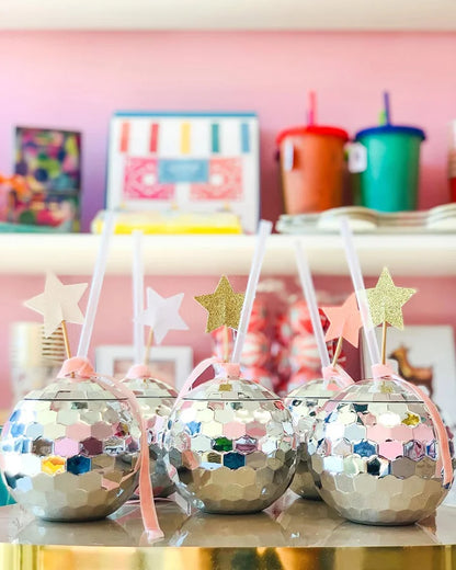 6-48pcs Disco Ball Cups Lids Staws Disco 70s
