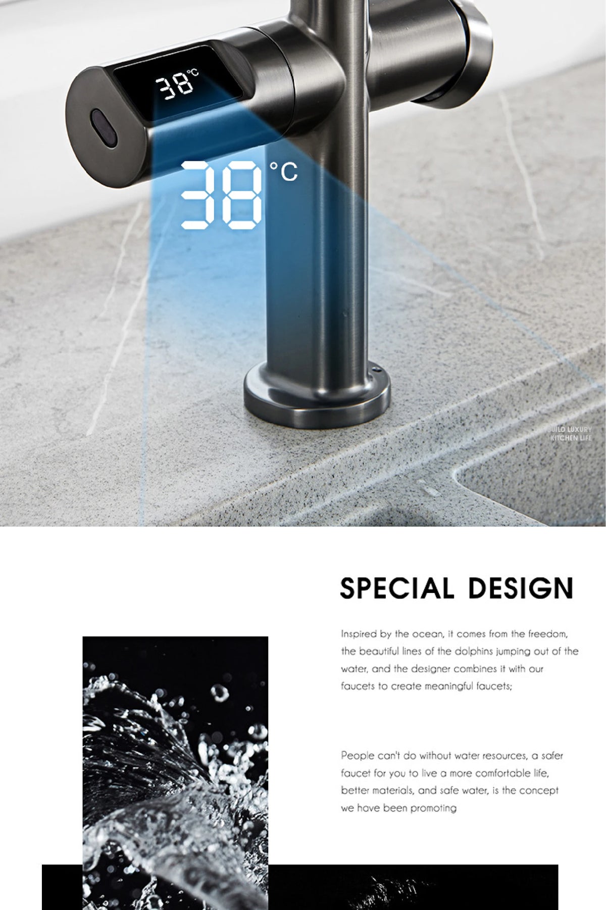 Light Luxury Gun Gray Brass Faucet Digital Display