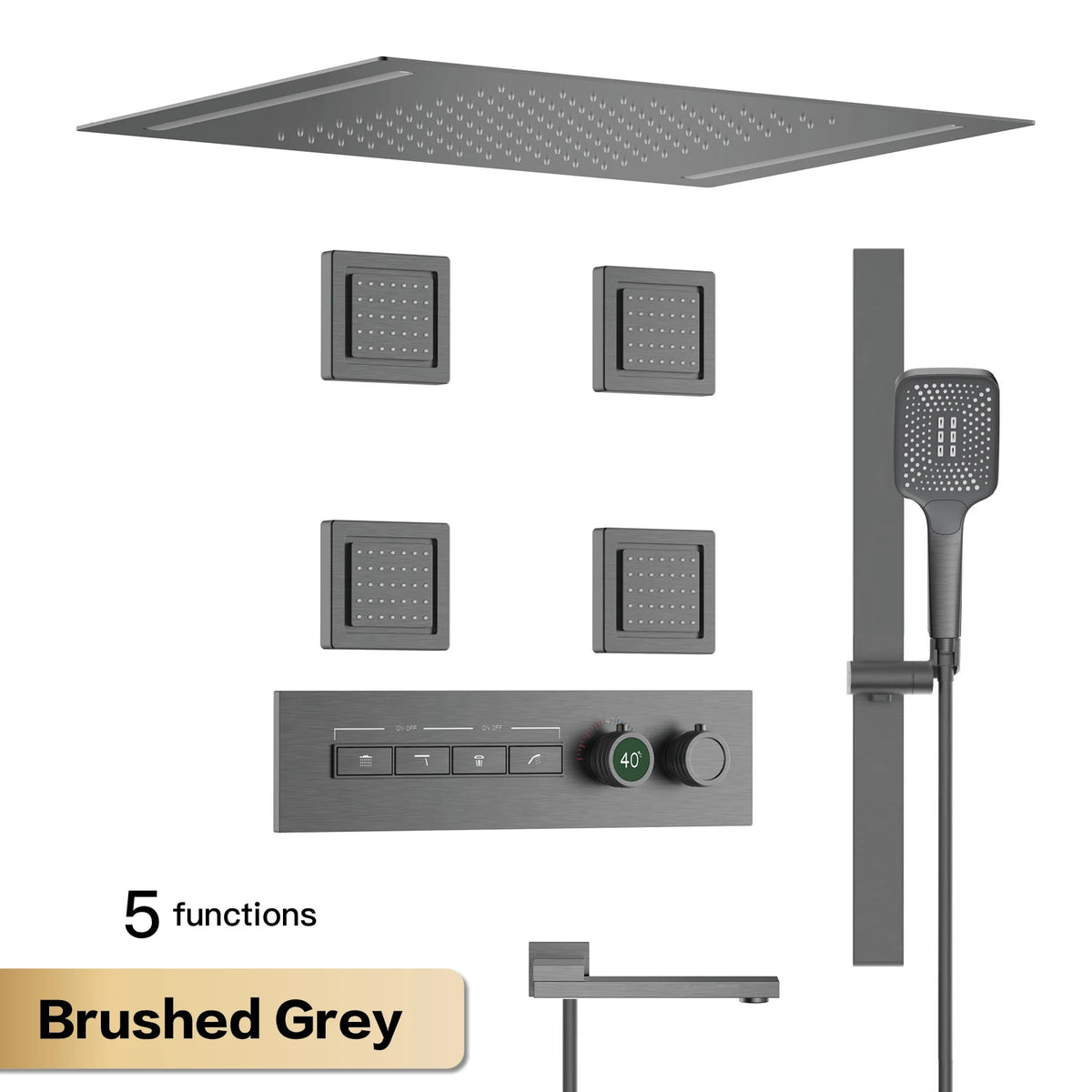 Luxury Gun Grey Brass Thermostatic Shower System Ceiling-Embedded