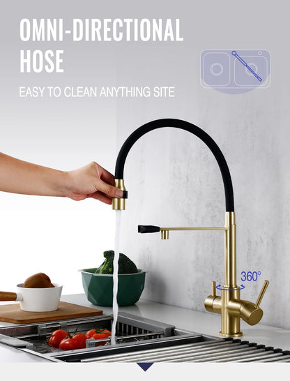 Brushed Gold Faucet Filter 360 Swivel Pure Water