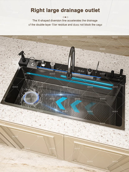 Waterfall Stainless Steel Sink Digital Display Faucet Wash